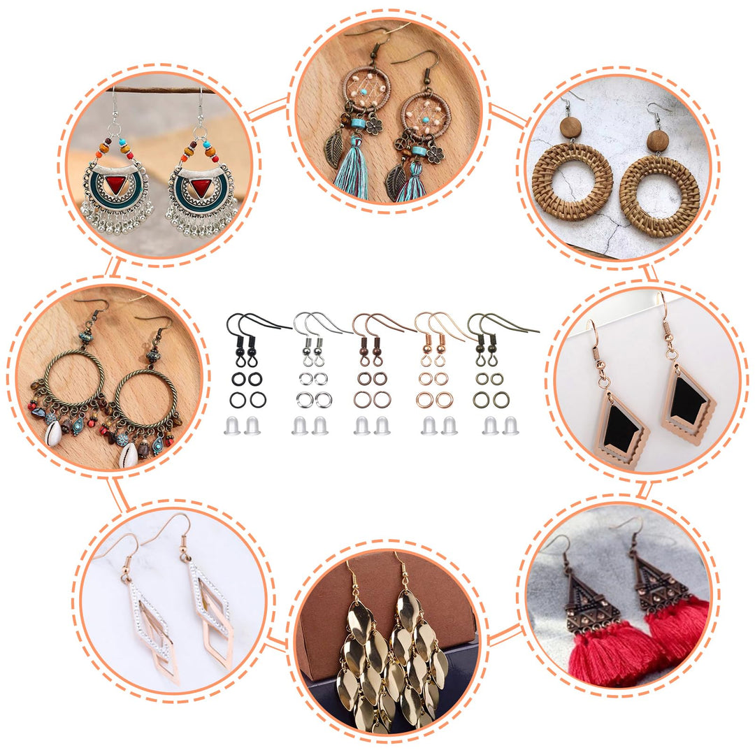 TOAOB 150pcs Hypoallergenic Earring Hooks Mixed Colors Ear Wire Hooks Earring Making Kit with 1000pcs Open Jump Rings 200pcs Earring Backs for Jewelry Making Findings