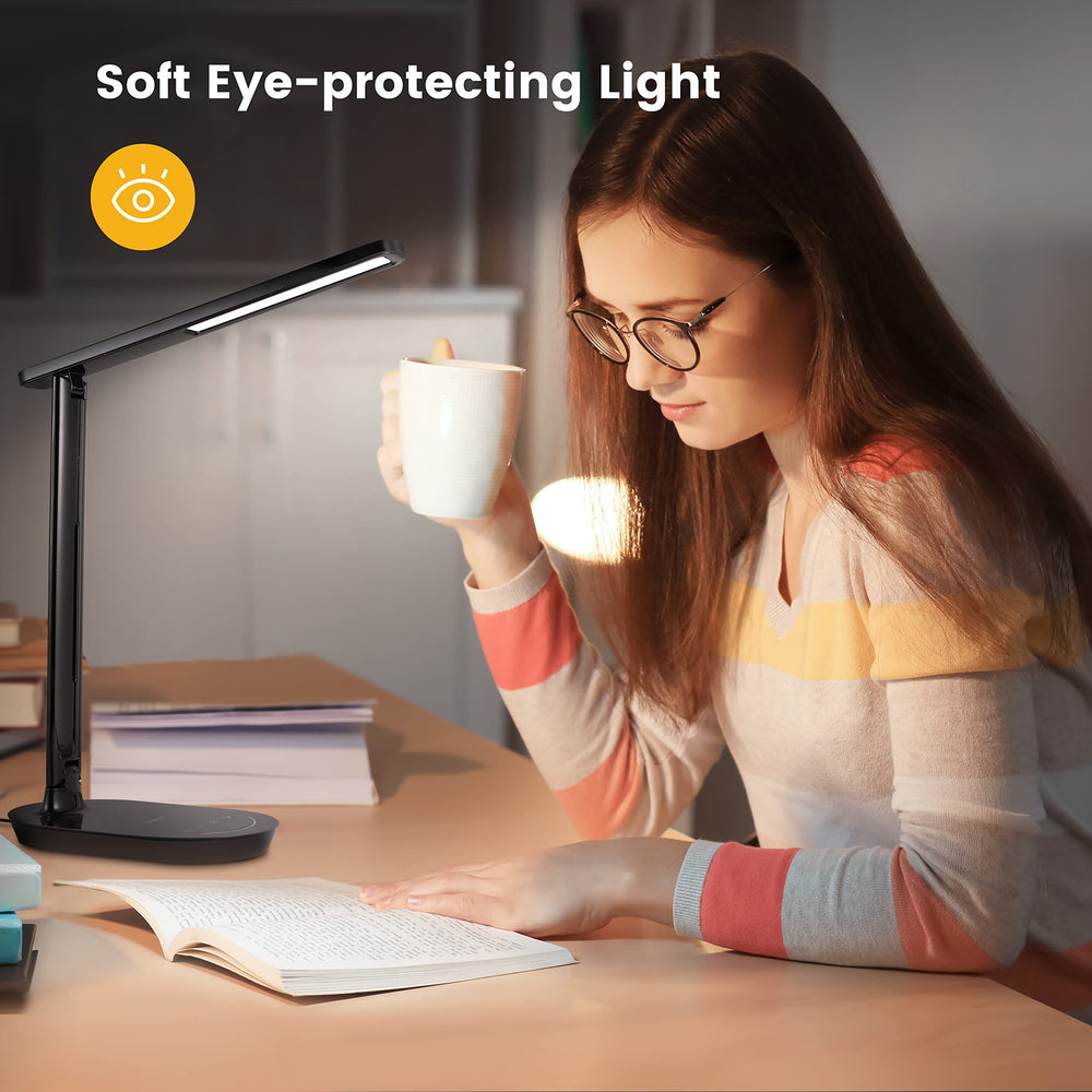 Desk Lamp, Dimmable Eye-Protecting Table Lamps with Night Light, USB Charging Port, 4 Color Temperature Modes, 5 Brightness Levels, 1H Timer, Touch Control for Home Office Bedroom