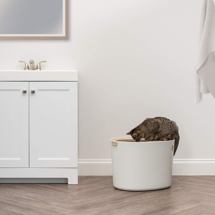 USA Cat Litter Box, Top Entry Litter Box with Scoop, Stylish Round Cat Litter Box Enclosure, Kitty Litter Box, White/Beige
