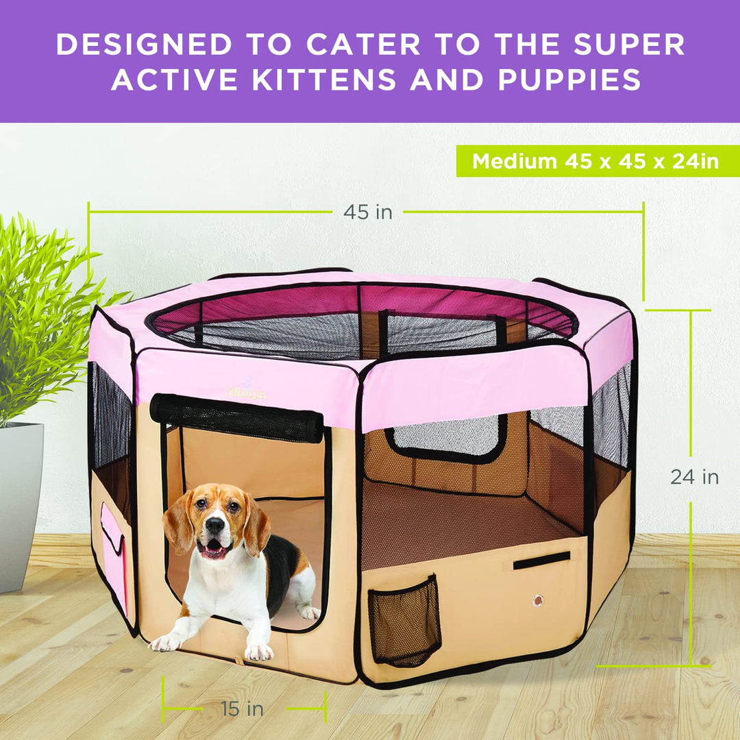 Dog Playpen Medium 45x45x24 Pop Up Portable Playpen for Dogs and Cat, Foldable | Indoor/Outdoor Pen & Travel Pet Carrier + Carrying Case.