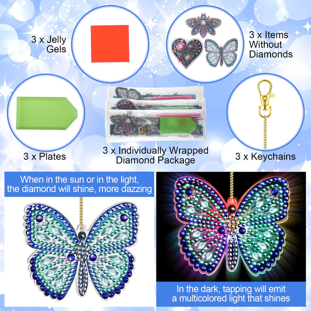 3 Pcs LED Painting Keychains Light up 5D Painting Kits for Kids Adult Double Sided DIY Diamond Art Keychains Diamond Art Pendant Craft Key Ring, Butterfly Dragonfly Love Heart