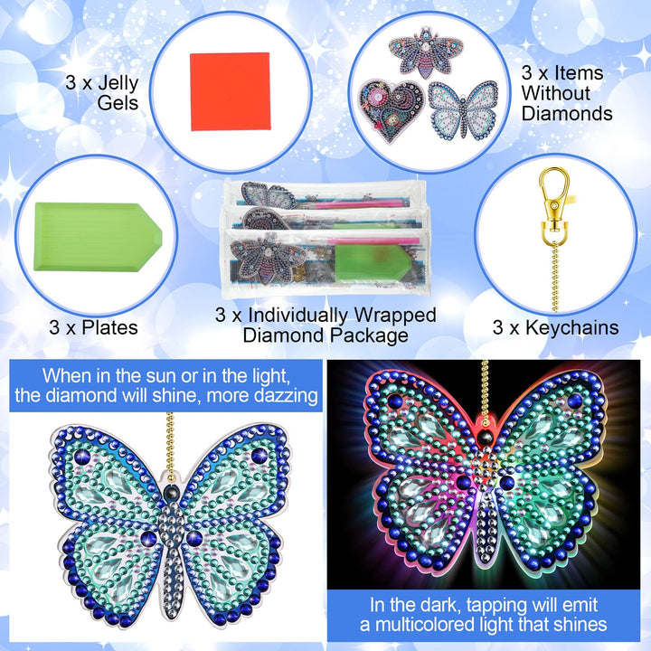 3 Pcs LED Painting Keychains Light up 5D Painting Kits for Kids Adult Double Sided DIY Diamond Art Keychains Diamond Art Pendant Craft Key Ring, Butterfly Dragonfly Love Heart