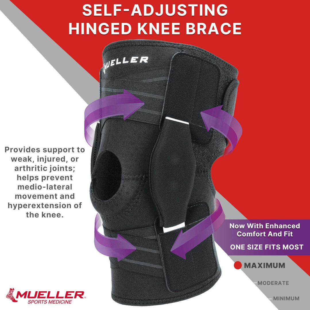 Sports Medicine Self Adjusting Hinged Knee Brace, Knee Pain Relief Support for Men and Women, Ideal for Arthritis, Sprains, Black, One Size