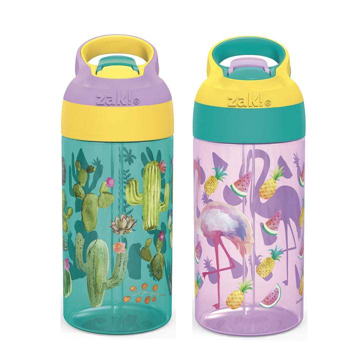 16oz Riverside Desert Life Kids Water Bottle with Straw and Built in Carrying Loop Made of Durable Plastic, Leak-Proof Design for Travel, Cactus-Flamingo Pineapple, 2PK Set