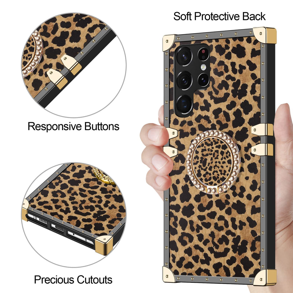 for Galaxy S22 Ultra Square Case with Kickstand Ring Stand Holder Luxury Retro Case for Women Girls Metal Edges Shockproof Protective Cover for Samsung Galaxy S22 Ultra 6.8'' Leopard