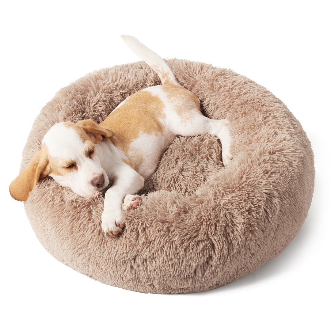 Calming Dog Bed for Small Dogs - Donut Washable Small Pet Bed, 23 inches Anti-Slip Round Fluffy Plush Faux Fur Large Cat Bed, Fits up to 25 lbs Pets, Camel