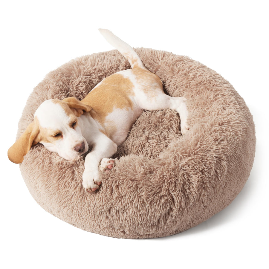 Calming Dog Bed for Small Dogs - Donut Washable Small Pet Bed, 23 inches Anti-Slip Round Fluffy Plush Faux Fur Large Cat Bed, Fits up to 25 lbs Pets, Camel
