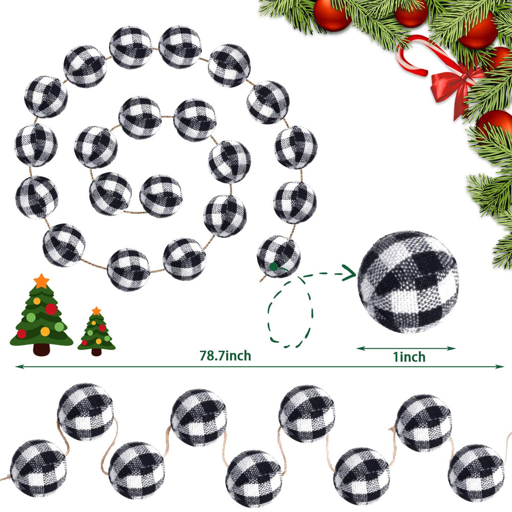 2 Pieces Christmas Buffalo Plaid Ball Garland Christmas Ball Strings Christmas Pom Pom Garland 25 mm 40 Balls for Christmas Wall Fireplace Christmas Tree (Black and White Plaid)