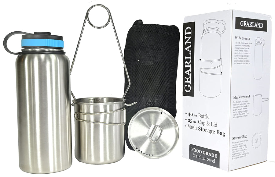Canteen Stainless Steel Water Bottle with Nested Camping Cup and Lid for Bug Out Bag, Bushcraft Gear, Metal Canteen with a Wide Mouth Water Bottle and Mess Kit