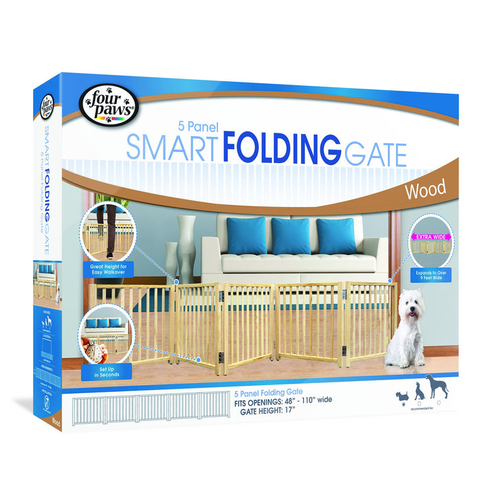 Smart Folding Free Standing 5-Panel Wood Dog Gate, 48-110 W by 17 H