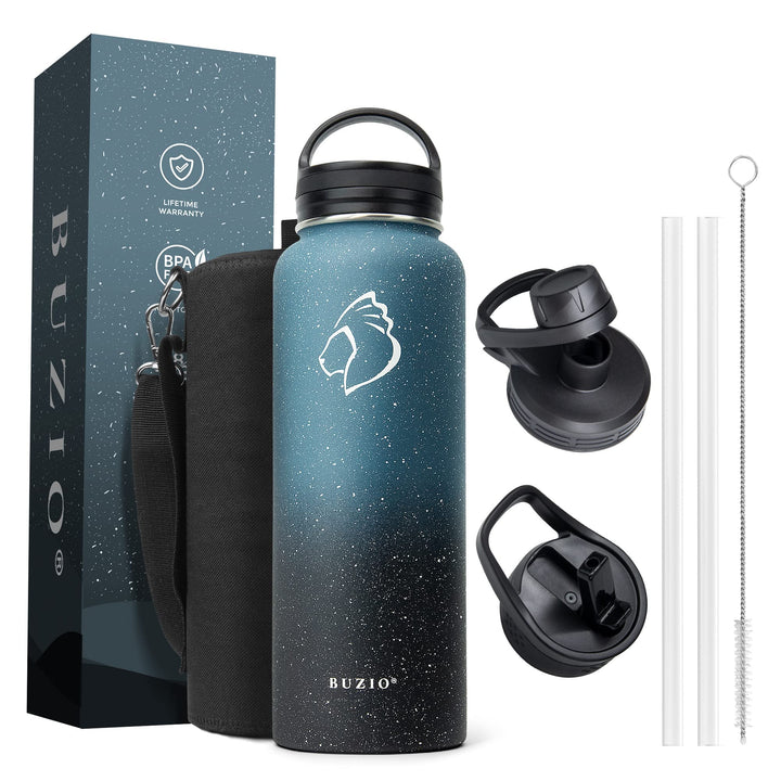 40 oz Water Bottle Insulated with Straw & 3 lid and Carrying Pouch, Leak Proof Anti-Slip Stainless Steel Water Flask Jug, Cold for 48 Hrs Double Vacuum Thermo Canteen, BPA-Free, Blue