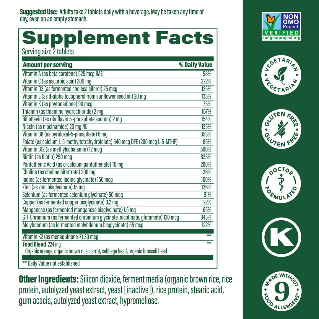 Men's 40+ Advanced Multivitamin for Men - Dr-Formulated - Choline, Vitamin B, Vitamin C, Vitamin D, Zinc & Real Food - Brain Health, Immune Support - Vegetarian - 60 Tabs (30 Servings)