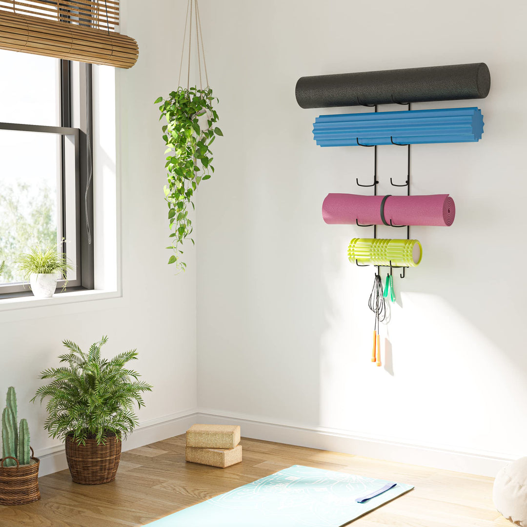 Guru Foam Roller & Yoga Mat Holder Wall Mount with 3 Hooks for Hanging Yoga Strap, Resistance Bands, 5-Sectional Metal (Black)