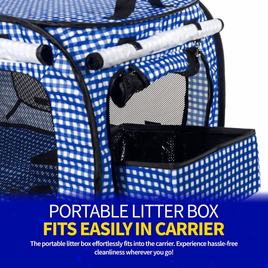Extra Large Cat Carrier for Travel - Foldable & Portable Collapsible Kennel with Litter Box, Feather Toy & Water/Food Bowl - Ideal for Cars, Long Trips & Indoor Cats - Blue Checkers
