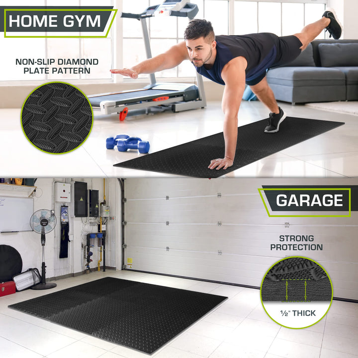 Puzzle Exercise Mat ½ in, EVA Interlocking Foam Floor Tiles for Home Gym, Mat for Home Workout Equipment, Floor Padding for Kids, Black, 24 in x 24 in x ½ in, 24 Sq Ft - 6 Tiles