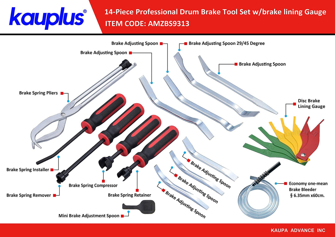 Kauplus Brake Service Kit, 14-Piece Professional Drum Brake Tool Set w/Brake Lining Gauge…