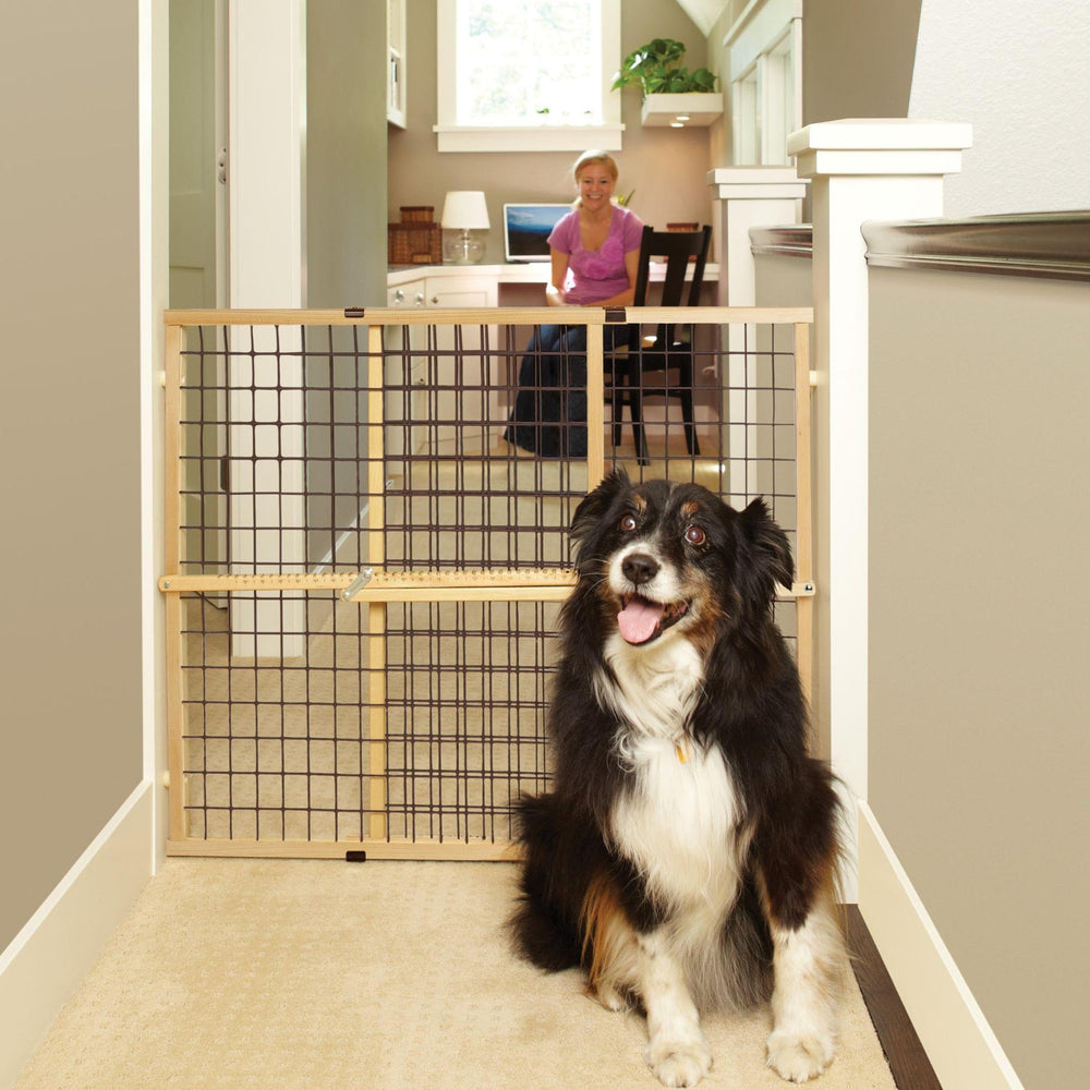 North States Wire Mesh Dog Gate: 29.5-50 Wide. Pressure Mount. No tools needed. Dog Gate 31 Tall, Expandable, Durable Dog Gates for Doorways, Sustainable Hardwood