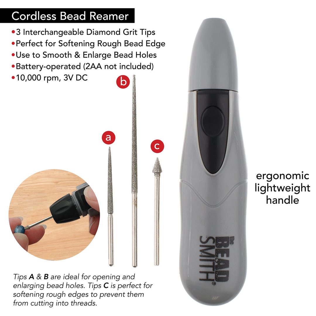 Motorized Bead Reamer – Cordless: 2 AA Batteries – Included 3 Diamond Points – Use on Glass, Ceramic or Stone – Tools for Opening & Enlarging Holes & Softening & Smoothing Rough Edges