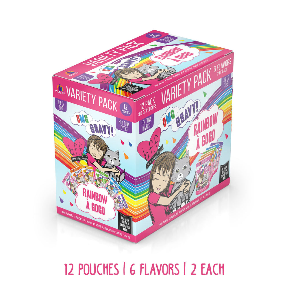 B.F.F. OMG - Best Feline Friend Oh My Gravy!, Rainbow A Gogo Variety Pack! Cat Food, 3oz Pouch (Pack of 12)