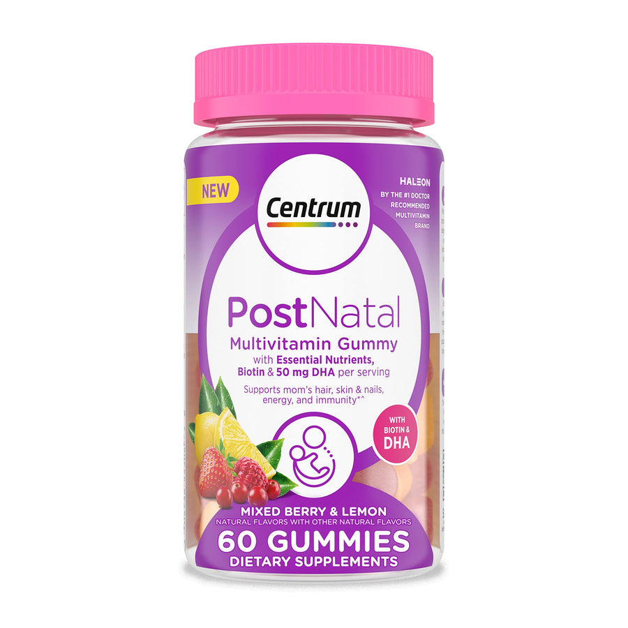 Postnatal Multivitamin Gummies with Biotin and DHA, Mixed Berry and Lemon Flavors - 60 Count, 30 Day Supply