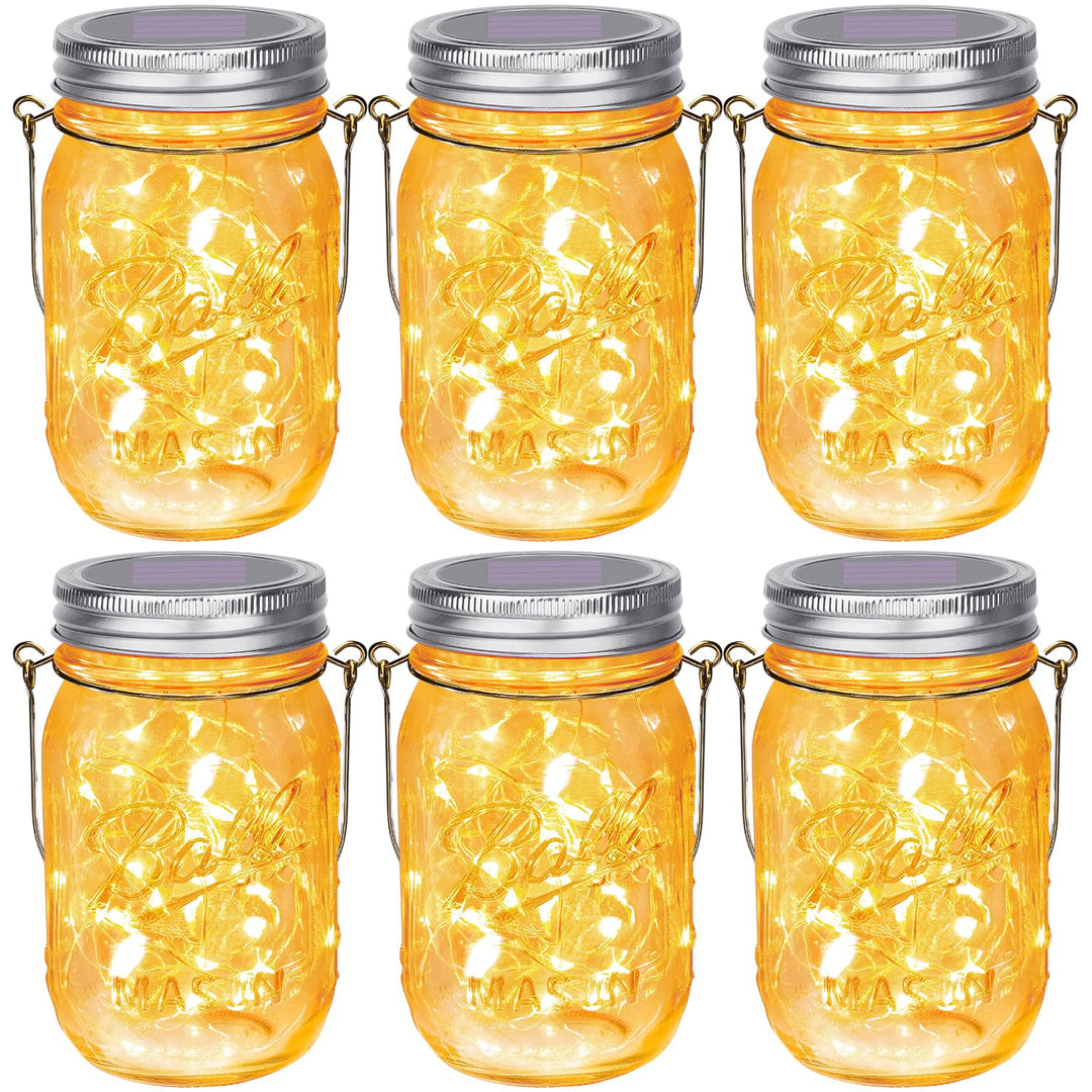 Upgraded Hanging Mason Jar Solar Lights, 6 Pack 30 LEDs Fairy Lights with Jars and Hangers, IPX6 Waterproof Hanging Solar Lights Outdoor, Solar Lanterns for Balcony Backyard Garden Fence Decor