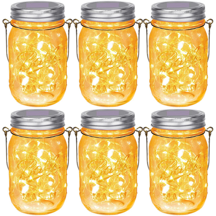 Upgraded Hanging Mason Jar Solar Lights, 6 Pack 30 LEDs Fairy Lights with Jars and Hangers, IPX6 Waterproof Hanging Solar Lights Outdoor, Solar Lanterns for Balcony Backyard Garden Fence Decor