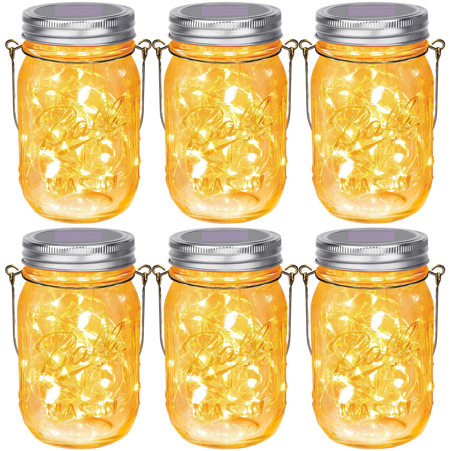 Upgraded Hanging Mason Jar Solar Lights, 6 Pack 30 LEDs Fairy Lights with Jars and Hangers, IPX6 Waterproof Hanging Solar Lights Outdoor, Solar Lanterns for Balcony Backyard Garden Fence Decor