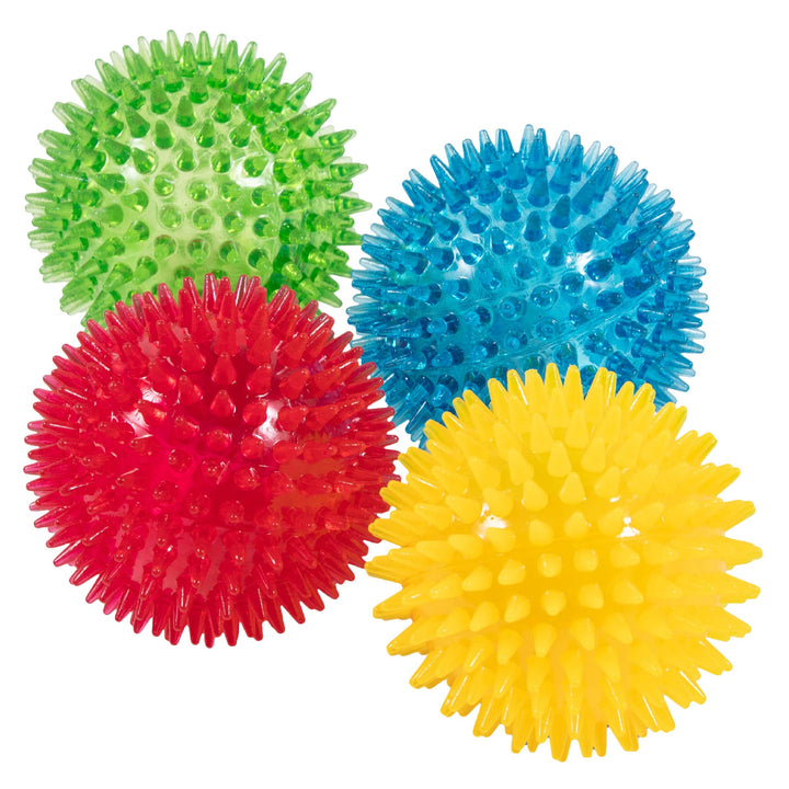 3.5” Spikey Dog Balls (4 Pack) Squeaky Dog Toys | Cleans Teeth for Healthier Gums | Non-Toxic BPA-Free for Aggressive Chewers | Spikey Balls in Red, Blue, Yellow, and Green
