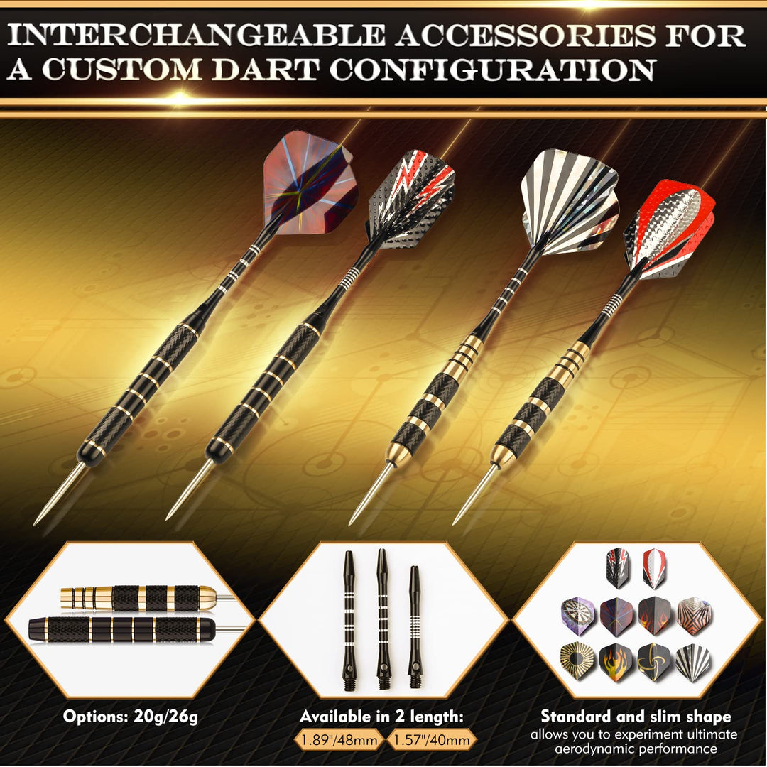 Darts Metal Tip Set, Professional Steel Tip Darts, 20 and 26 Grams Metal Darts Tips with Aluminum Shafts, Brass Barrels, Sharpener Tool Kit, Carrying Case, Extra Dart Flights and Other Accessories