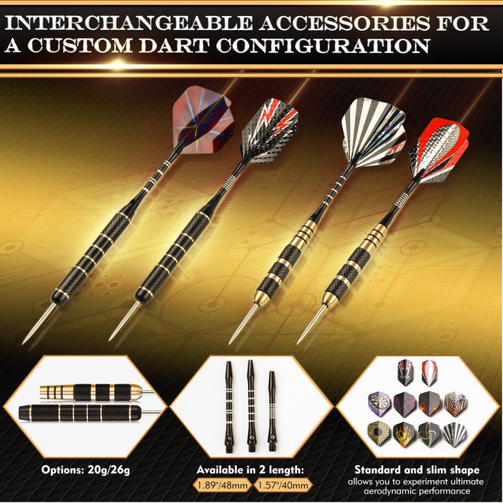 Darts Metal Tip Set, Professional Steel Tip Darts, 20 and 26 Grams Metal Darts Tips with Aluminum Shafts, Brass Barrels, Sharpener Tool Kit, Carrying Case, Extra Dart Flights and Other Accessories