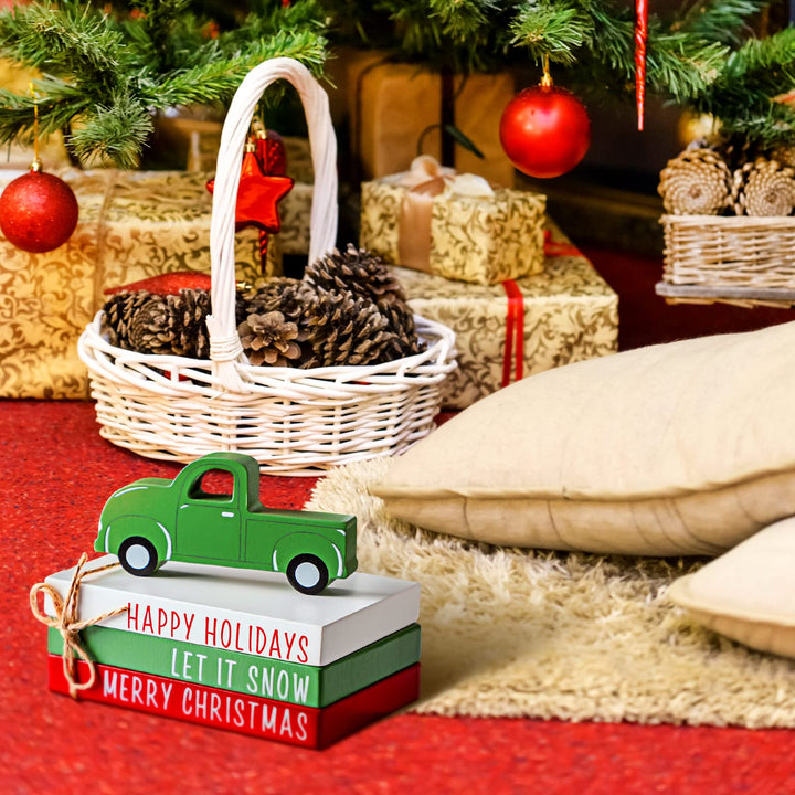 4 Pcs Christmas Tiered Tray Decor Red Truck Christmas Decor Mini Faux Book Decor Christmas Truck Gift Farmhouse Christmas Decoration Christmas Truck Signs for Christmas Home Table Decor
