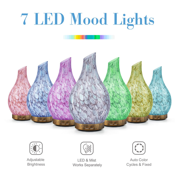 Essential Oil Diffusers 150ml, Glass Aromatherapy Diffuser with 2 Mist Modes Waterless Auto-Off 7 Colors Changed LED Handmade Glass Diffuser for Home Yoga Office