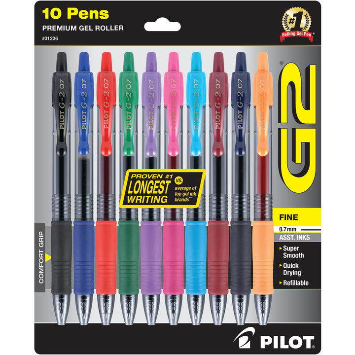 , G2 Premium Gel Roller Pens, Fine Point 0.7 mm, Assorted Colors, Pack of 10