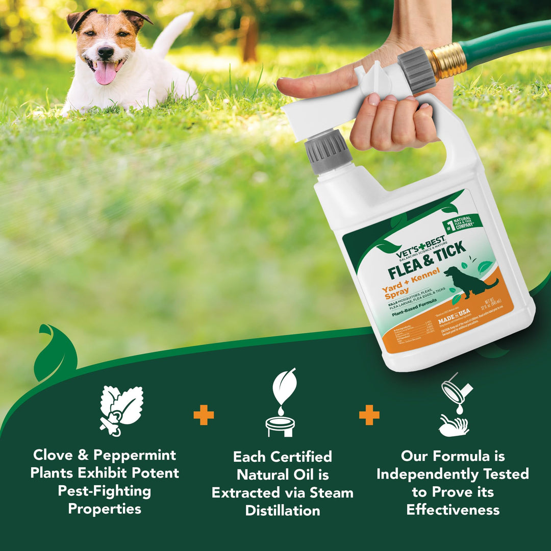 Vet's Best Flea and Tick Yard and Dog Kennel Spray, Mosquito Repellent with Certified Natural Oils, Plant Safe with Ready-to-Use Hose Attachment, Flea and Tick Prevention for Dogs, 32 oz