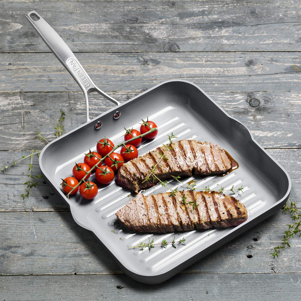 Paris Pro Hard Anodized Healthy Ceramic Nonstick, 11 Square Grill Pan, PFAS-Free, Dishwasher Safe, Grey
