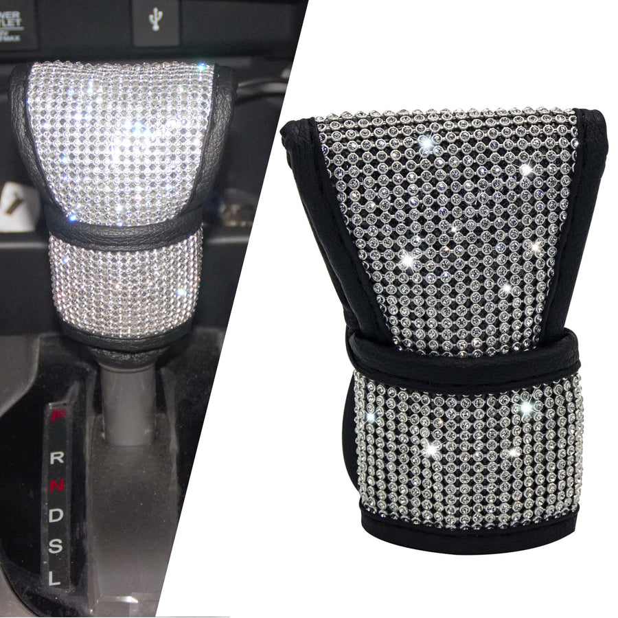 Bling Auto Gear Shift Knob Cover for Women/Lady/Girl - PU Leather Shift Gear Cover with Bling Rhinestones - Car Interior Accessories Universal Fit for SUV Truck (1 Pack Gear Shift Cover)