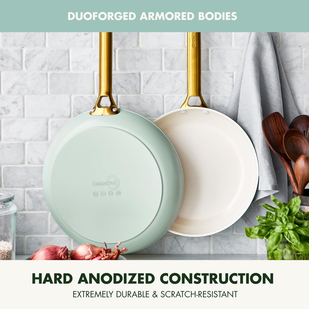 Reserve Hard Anodized Healthy Ceramic Nonstick 10 and 12 Frying Pan Skillet Set, Gold Handle, PFAS-Free, Dishwasher Safe, Oven Safe, Julep Green