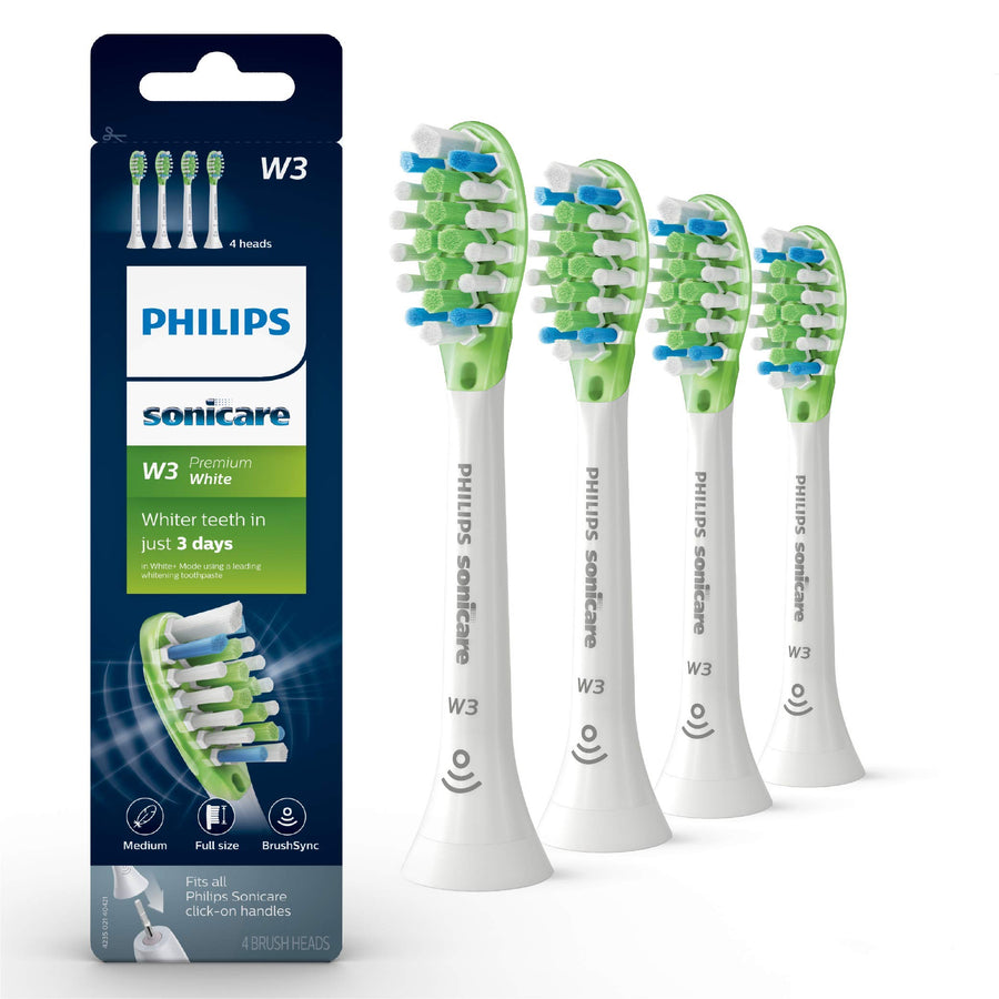 Genuine W3 Premium White Replacement Toothbrush Heads, 4 Brush Heads, White, HX9064/65