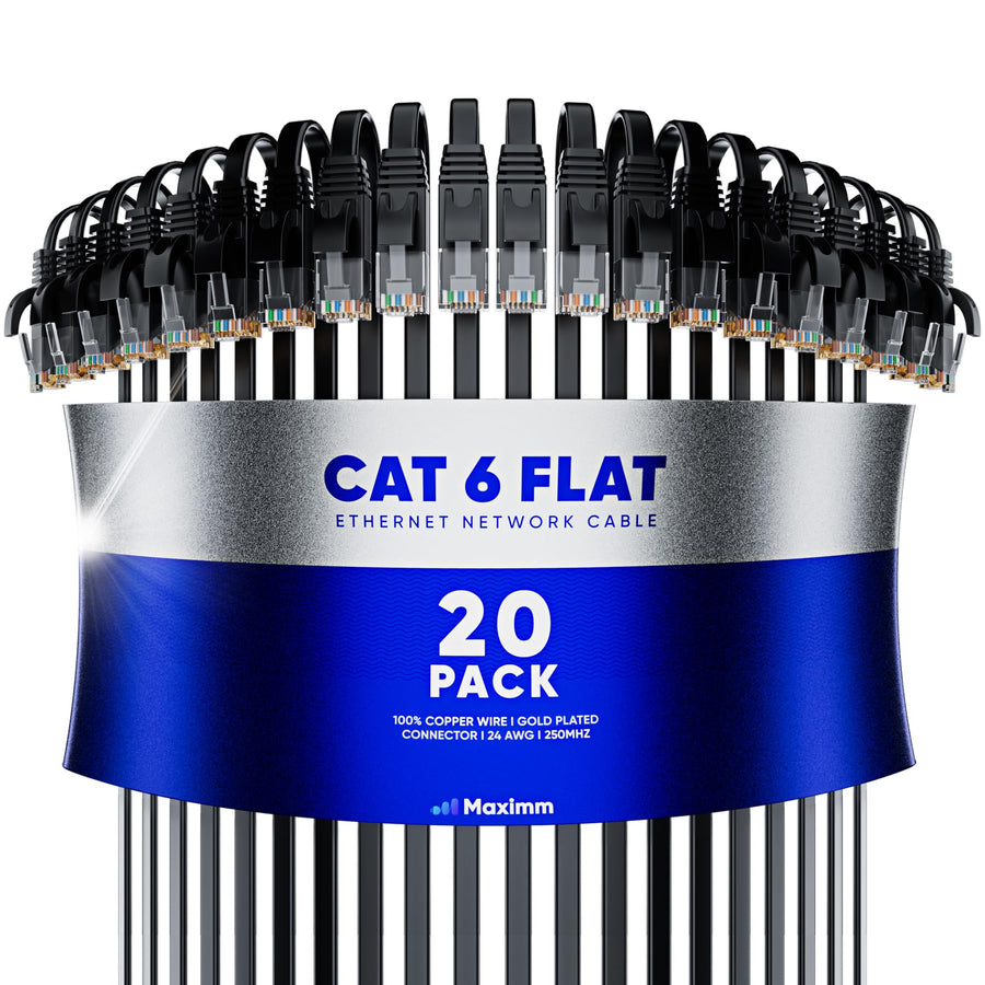 Cat 6 Ethernet Cable 2 ft - with a Flat, Space-Saving Design High-Speed Internet & Network LAN Patch Cable, RJ45 Connectors - 2ft / Black / 20 Pack - Perfect for Gaming, Streaming, and More