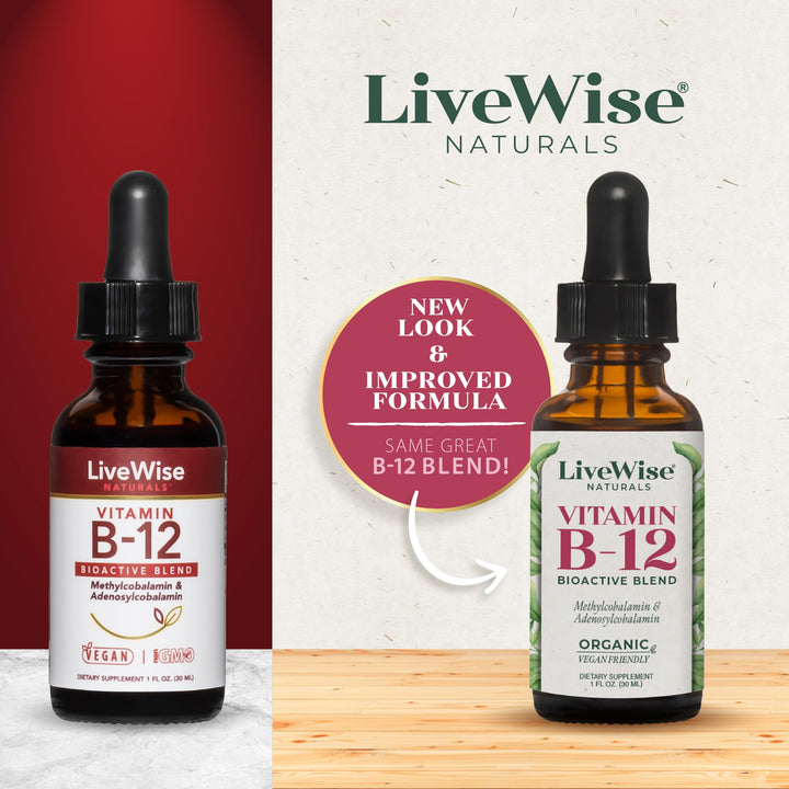 LiveWise Naturals B12 Vitamin Drops Non-GMO, Organic Bioactive Blend for Energy, Clarity, Focus, and Easy Absorption, Adenosylcobalamin & Methylcobalamin Supplement, Vegan, Gluten-Free, Dairy-Free