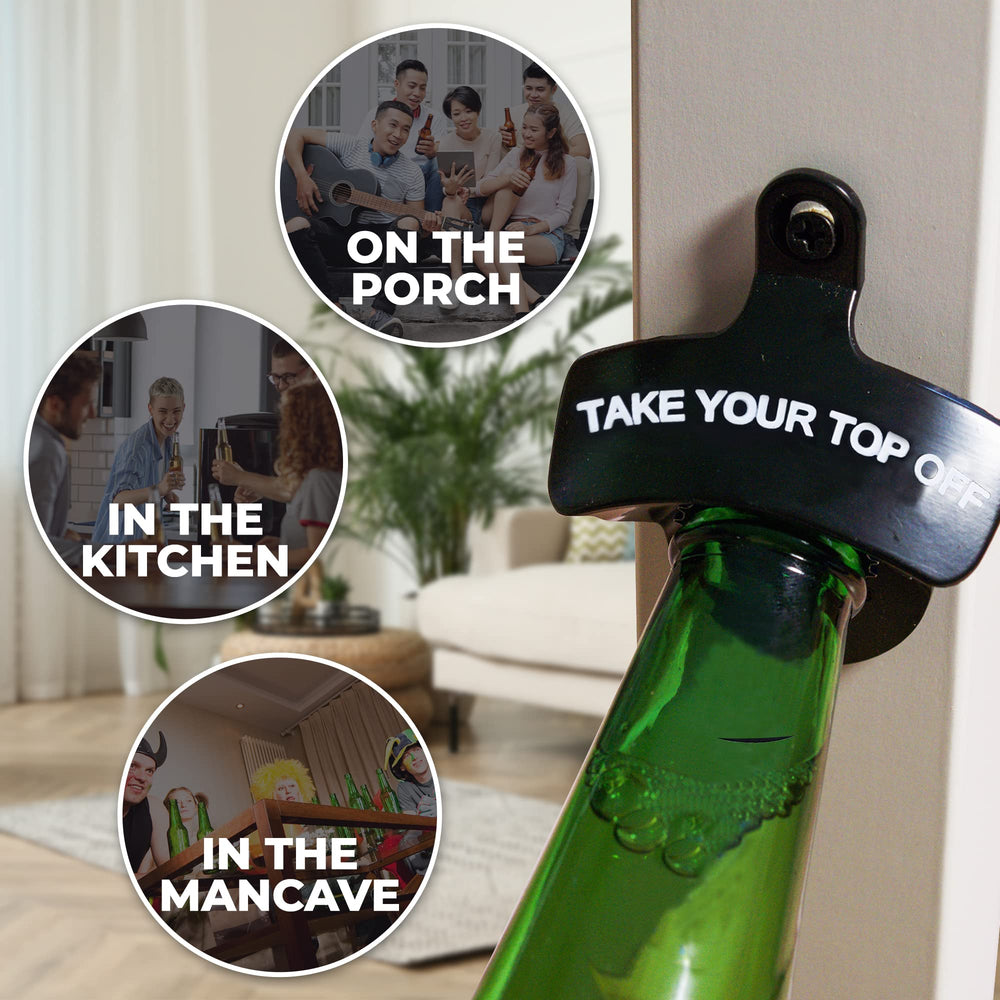 KiKS Products Bottle Opener Wall Mounted - Take Your Top Off opener - Cool &Funny Beer Opener - Perfect for Men, Dad, Boyfriend, Beer Lovers - Durable Black Wall Mounted Beer Accessories