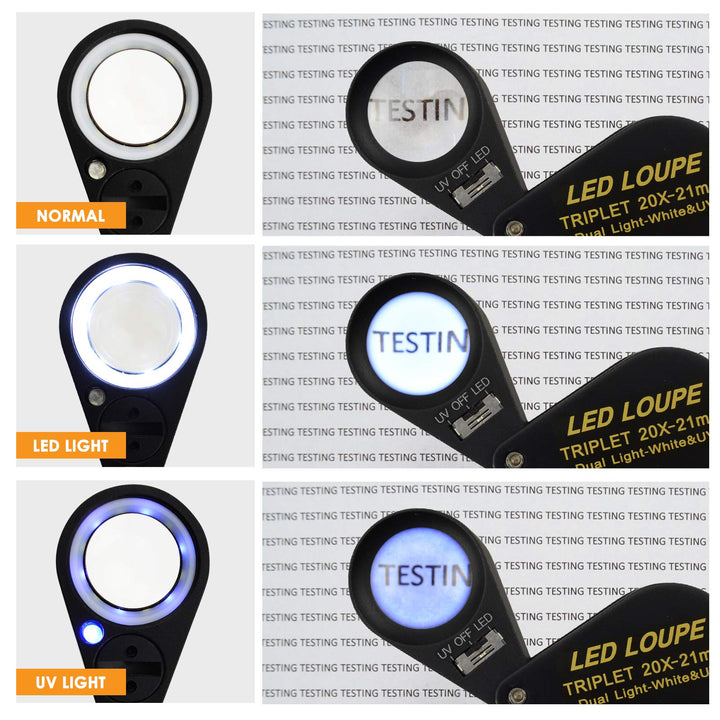 20x Magnifier Jewelry Loupe LED UV 21mm Triplet Lens Optical Glass, Pocket Gem Magnifying Tool Jeweler, Stamp Philatelist, Coin Numismatic