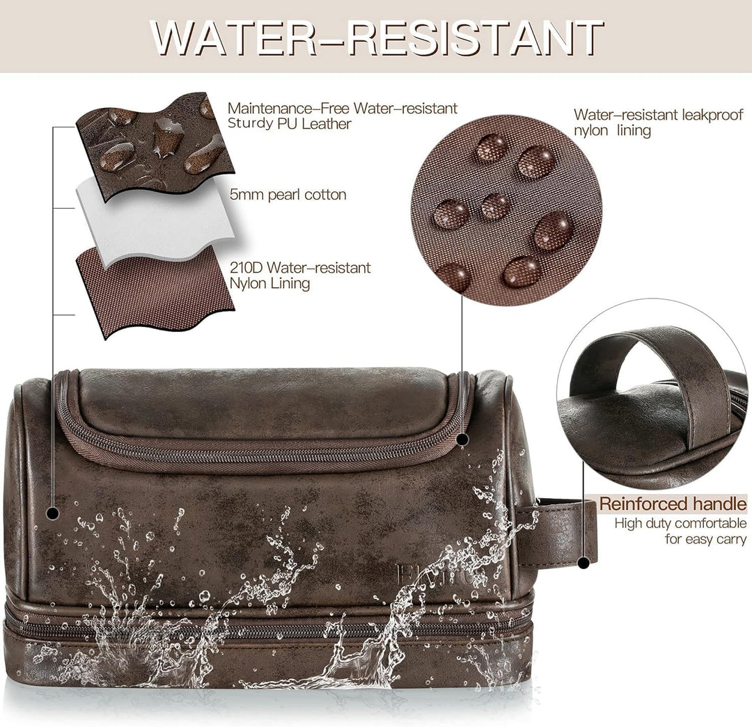 Toiletry Bag, Mens Leather Travel Organizer Kit with hanging hook, Large Water-resistant Toiletries Bathroom Shaving Bags for Women (Coffee)