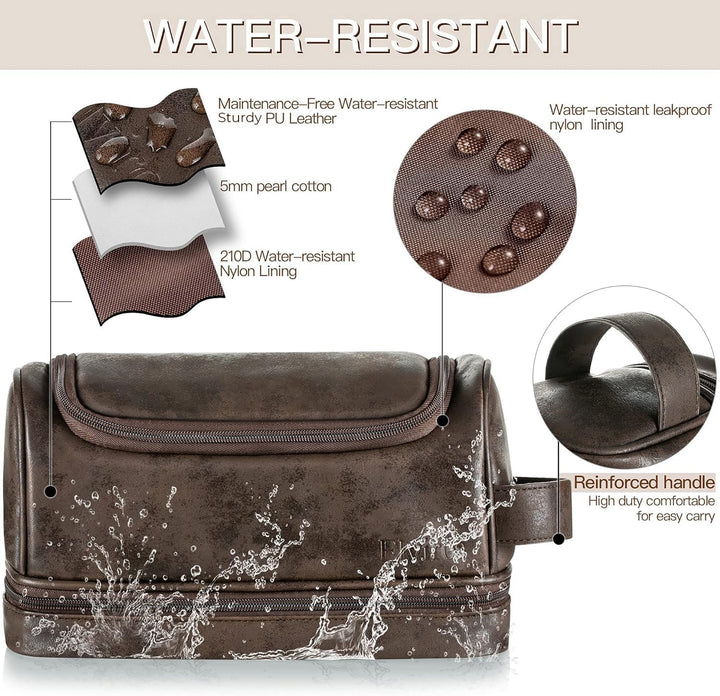 Toiletry Bag, Mens Leather Travel Organizer Kit with hanging hook, Large Water-resistant Toiletries Bathroom Shaving Bags for Women (Coffee)