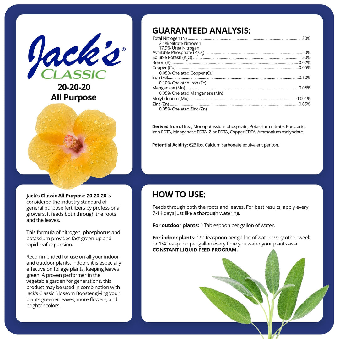 Jack's Classic 20-20-20 All Purpose Water-Soluble Fertilizer with Micronutrients to Provide General Growth on All Plants, 4lbs