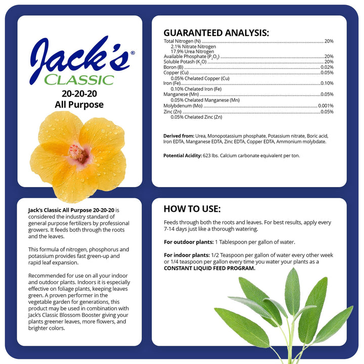 Jack's Classic 20-20-20 All Purpose Water-Soluble Fertilizer with Micronutrients to Provide General Growth on All Plants, 4lbs