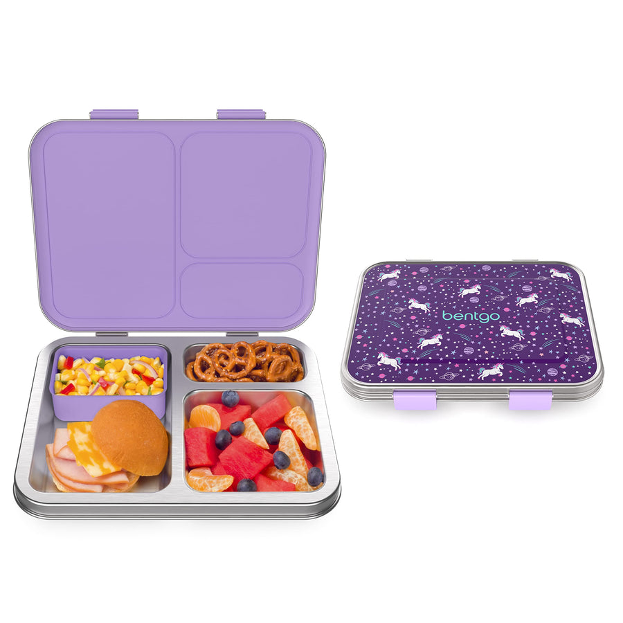 Kids Stainless Steel Prints Leak-Resistant Lunch Box - 3-Compartment Bento Style Lunch Box with Bonus Container - Eco-Friendly, Dishwasher Safe, BPA-Free, Ages 3+ (Unicorn)