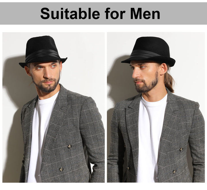 Fedora Hats for Men Unisex Short Brim Fedora for Men Structured Gangster Trilby Felt Black Fedora Hat for Women, Black