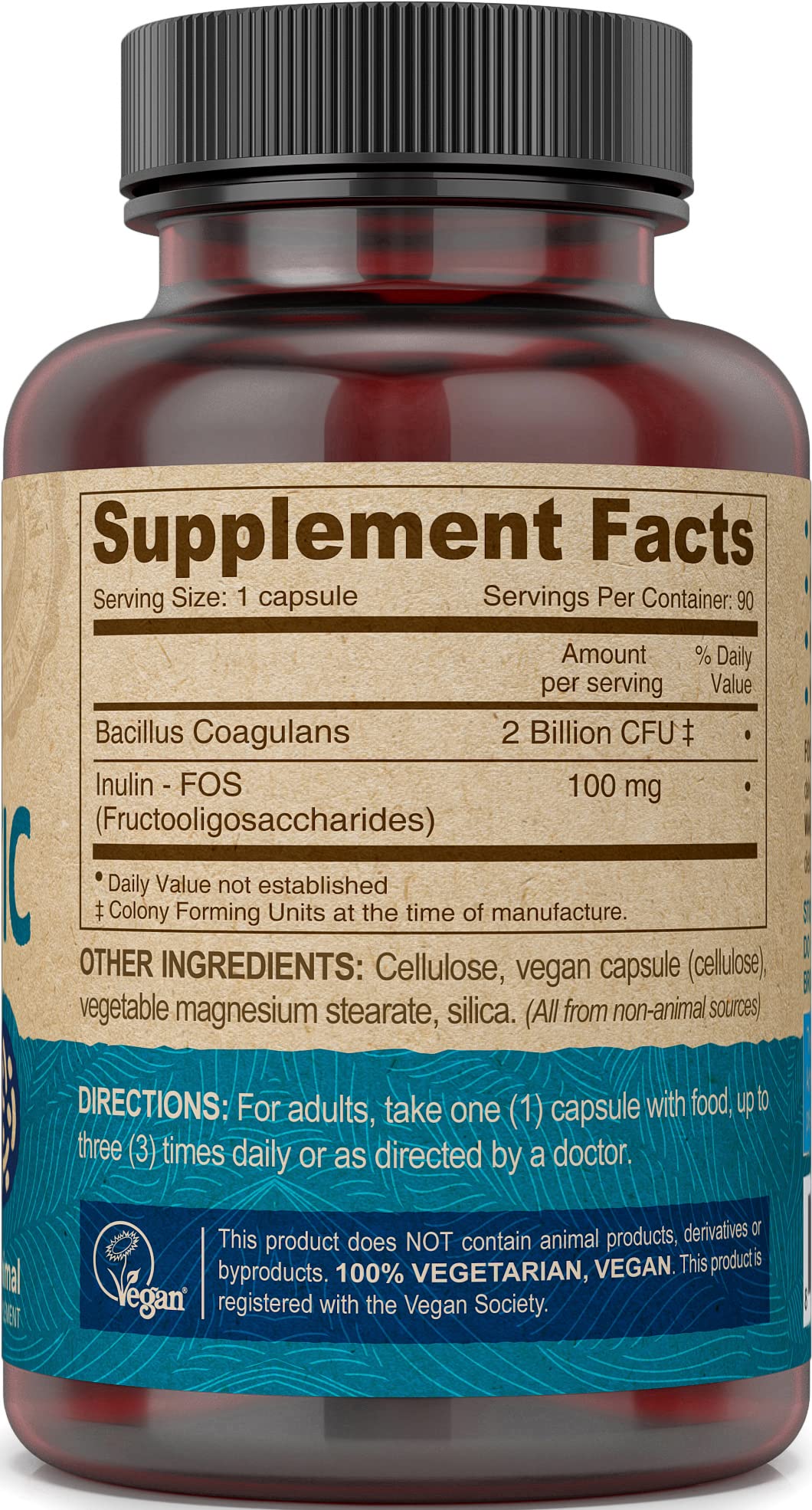 Vegan Probiotic with FOS Prebiotics Supplement - 2 Billion CFU with 100 MG of Prebiotics Per Serving for Men & Women - Non-Dairy Gluten Free - Naturally Shelf Stable - 90 Capsules