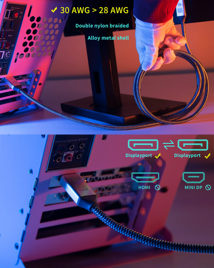 390HZ 10FT 3M Dp Displayport Cable 1.4 4K 144Hz, 2K 240HZ 280Hz to Display Port Cable 6Ft 8K UHD TV,PC Gaming Monitor VESA E-Sports HDR 10 32.4GB HDCP2.2 FREESYNC G-SYNC Expand (Silvery,6.56Ft)